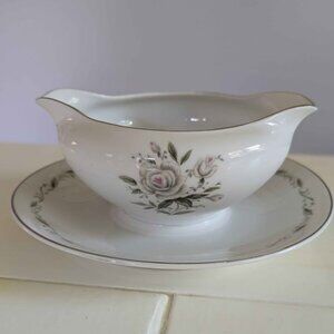 Vintage "Romance" Diamond China Gravy Boat w/ attached drip plate, Floral Patter